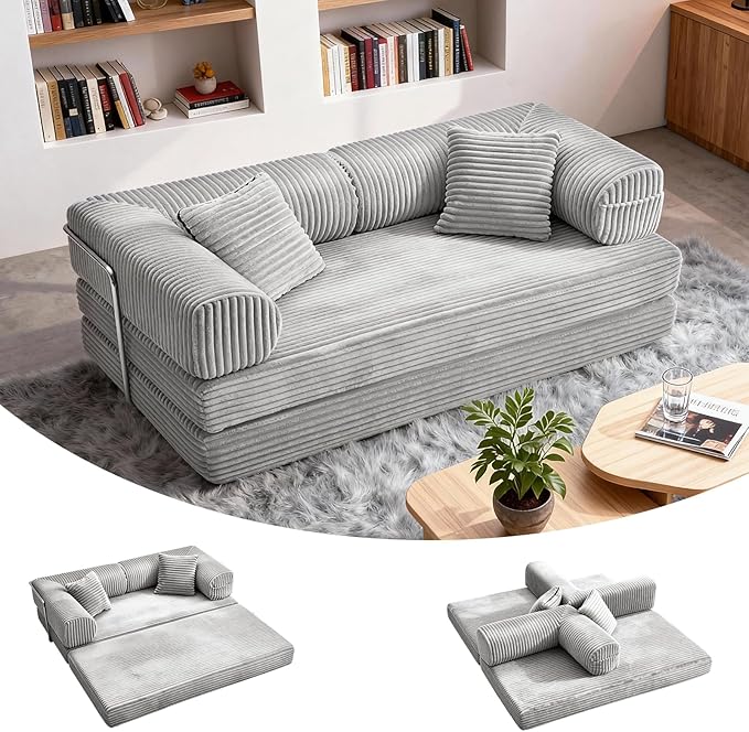 76.77 Inch Convertible Sofa Bed Modern Corduroy Futon Boneless Couches Lounge Loveseat with Side Storage Pocket Pull Out Sofa Bed for Living Room Bedroom No Assembly Required Grey