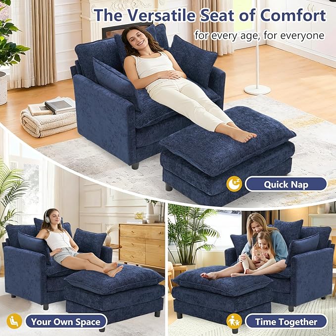 cinkehome Oversized Accent Chair with Ottoman Comfy Upholstered Armchair with Deep Seat Overstuffed Lounge Chair for Living Room Reading Nook