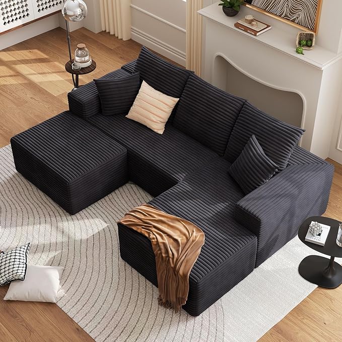 107.5 W Modular Sectional Sofa with OttomanModern Corduroy U-Shaped Cloud Couch with PillowsComfy 3-Seater Sofa with Deep-Seat for Living Room No Assembly Required (Black Right-Facing Chaise)