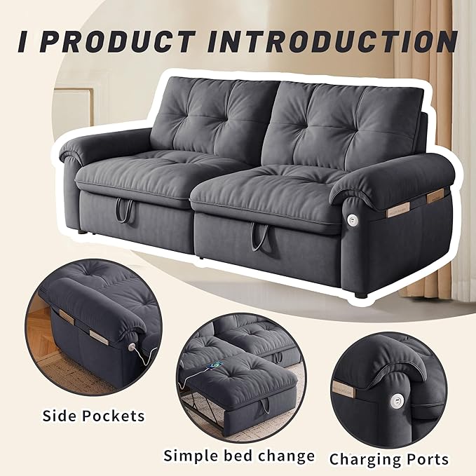 77 Queen Size Sofa Bed Loveseat Sleeper Sofa with Pull Out Bed Pockets and USB Velvet Fabric 2 Seater Convertible Small Couch for Living Room Bedroom Apartment Grey