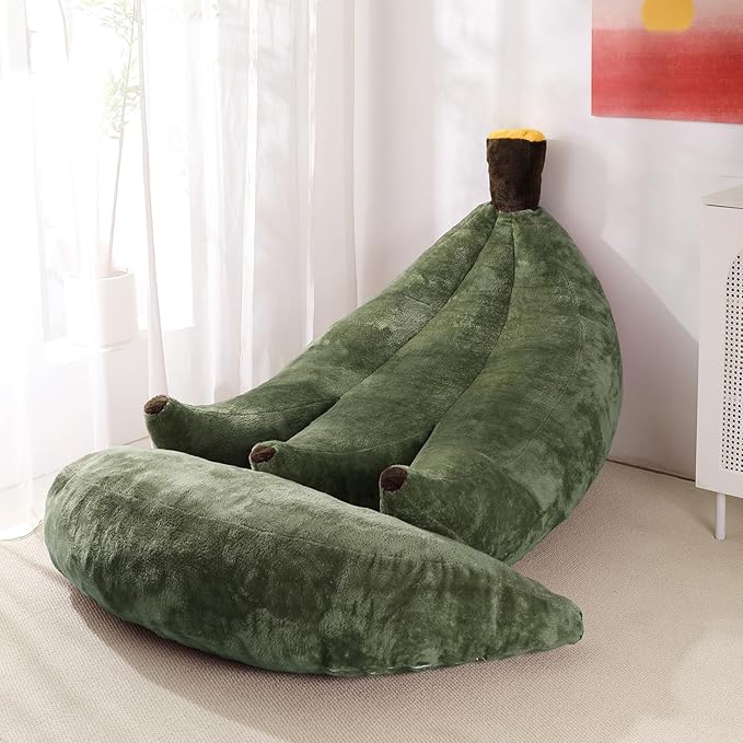 Banana Bean Bag Chair with Ottoman Floor Sofa Bed with Footrest Comfy Convertible Lounger for Adults Plush Couch for Bedroom Living Room or Dorm L-DarkGreen