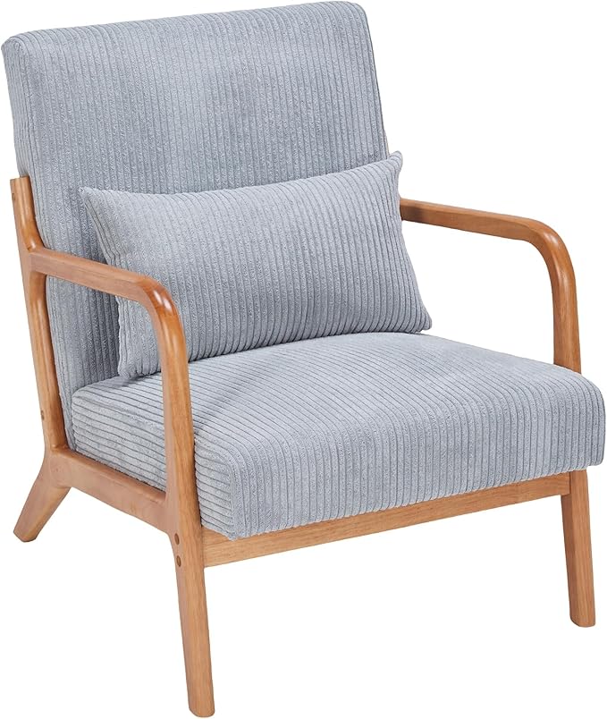Mid-Century Accent Chair Upholstered Fabric Living Room Chair with Solid Wood Frame Modern Small Side Arm Chairs Comfy Wingback Reading Chair for Bedroom Office (Light Gray)