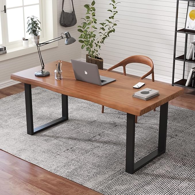 Solid Wood Office Desk 47.24 Tan Executive Computer Desk with Heavy-Duty Metal Base Multi-Purpose Desk/Dining Table Ideal for Home Office &amp Work Environments