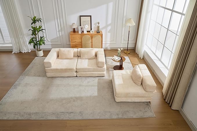 Convertible Floor Sofa Bed 3-Seat Modular Sectional Chenille Fabric No Assembly Required 118 inches Beige (3 Beige)