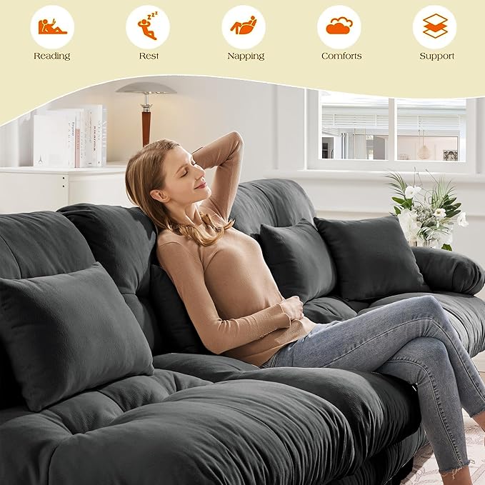 Modular Sectional Sofa Bed Chenille Comfy Cloud Couch with 2 Ottomans Sleeper Daybed with 2 Lumbar Pillows and 2 Throw Pillows Couches for Living Room (Gray 2 Seat + 2 Ottoman)