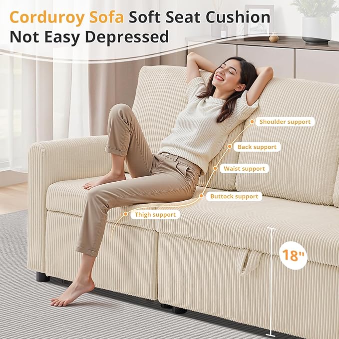 Sectional Sofa for Living Room 71 Corduroy Fabric Modern 3 Seater Sofa with Seats Storage &amp Side Pockets Upholstered W/Deep Seat Couch for Small Space Bedroom Apartment Beige