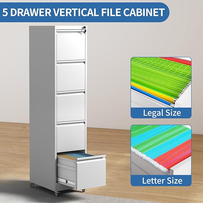 5 Drawer Mobile File Cabinet Metal Filing Cabinet with Lock and Wheels Home Office Rolling File Cabinets for Legal/Letter Hanging File Folders Un-Assembled (White)