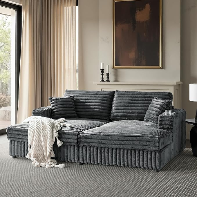 HULALA HOME 88 Double Chaise Lounge Sofa with USB Port and Cup Holder Oversized Cloud Couch with Faux Rabbit Fur Deep Seat Sleeper Sofa Bed for Living Room Bedroom Grey
