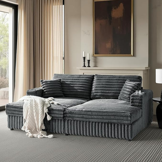 HULALA HOME 88 Double Chaise Lounge Sofa with USB Port and Cup Holder Oversized Cloud Couch with Faux Rabbit Fur Deep Seat Sleeper Sofa Bed for Living Room Bedroom Grey