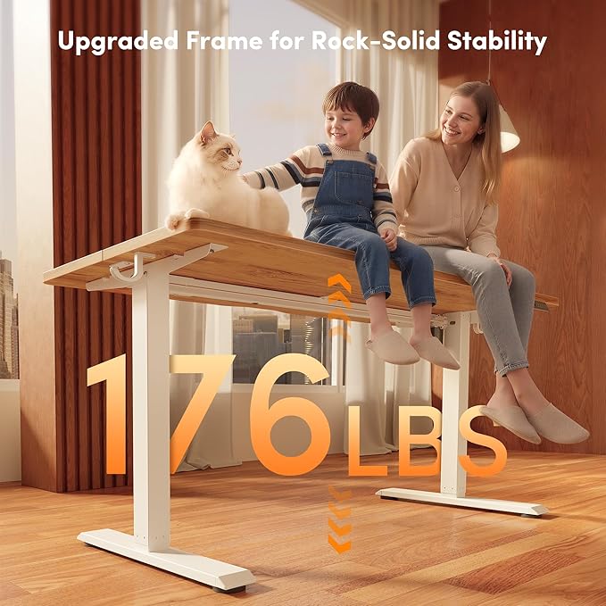 FEZIBO Standing Desk 63×28 Inches Electric Height Adjustable Sit Stand Up Computer Office Desk with Splice Board White Frame/Light Rustic TOP