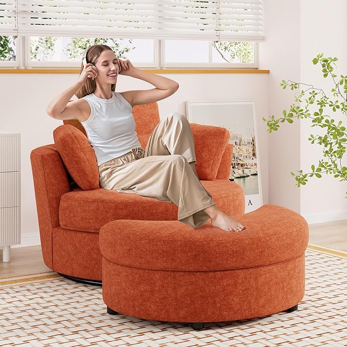 Oversized Swivel Accent Chair with Half Moon Storage Ottoman 42 W Chenille Round Swivel Barrel Chair Modern Upholstered Comfy Single Sofa Armchair for Living Room Bedroom Club(Orange)