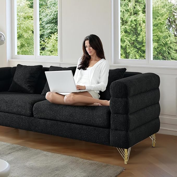 Modern Sofa Couch 81 W Teddy Bouclé Oversized Loveseat Cloud Sofa Upholstered Tufted Comfy Deep Seat Couch with Gold Legs &amp Pillows for Living Room Bedroom Office Apartment((3 Seater Black)