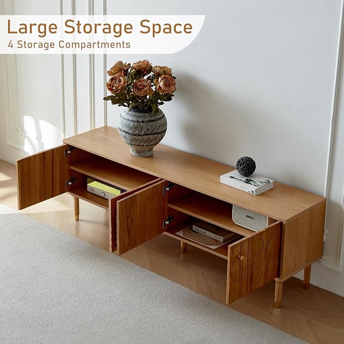 Modern TV Stand for 80 inch TV 70.9 Entertainment Center with Carved Geometric Doors TV Console with 4 Cabinet Storage Retro Art-Inspired Media Console for Living Room/Bedroom - Wood