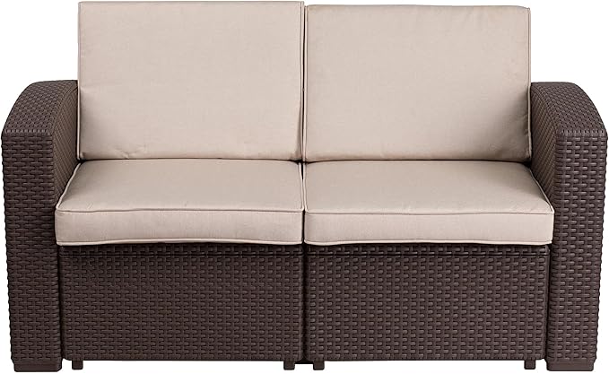 Flash Furniture Seneca Chocolate Brown Faux Rattan Loveseat with All-Weather Beige Cushions