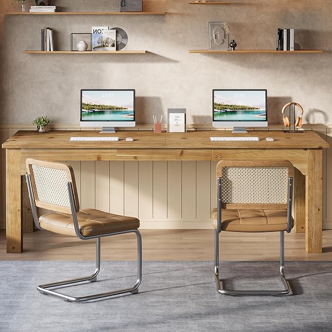 Solid Wood 2-Person Desk 79-Inch Extra Long Desk Double Computer Writing Table Farmhouse Large Table Writing Workstation for Home Office Natural Brown