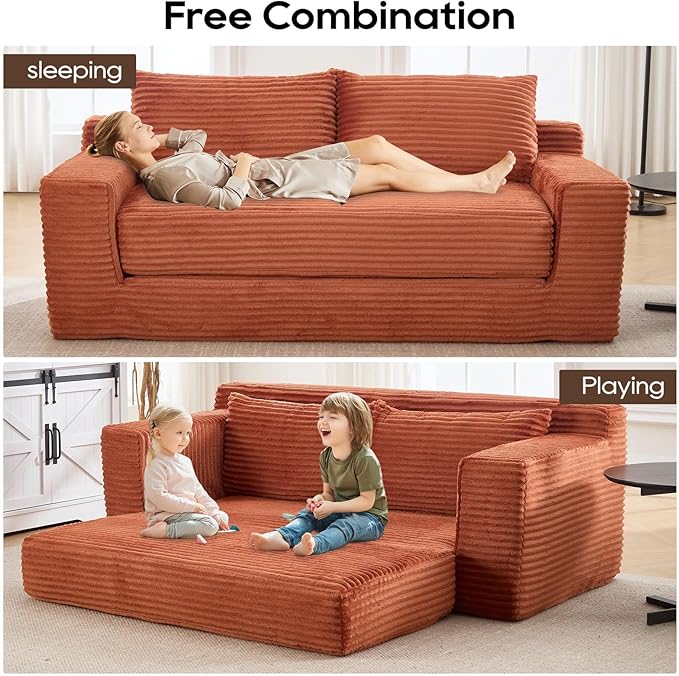 2 in 1 Convertible Sleeper Sofa Bed 72 Corduroy Loveseat Sofa w/ 2 Pillows Oversized Chaise Lounge Chair Indoor Pull Out Couch Bed for Small Spaces/Living Room/Bedroom No Assembly (Orange)