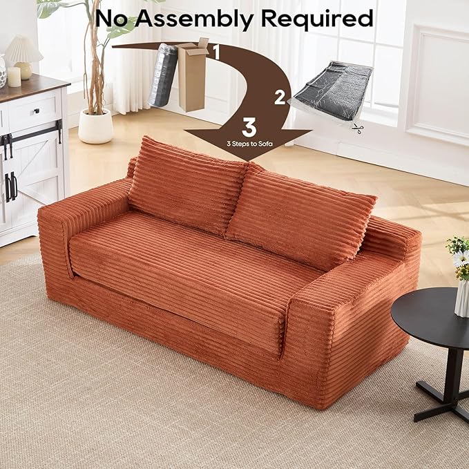 2 in 1 Convertible Sleeper Sofa Bed 72 Corduroy Loveseat Sofa w/ 2 Pillows Oversized Chaise Lounge Chair Indoor Pull Out Couch Bed for Small Spaces/Living Room/Bedroom No Assembly (Orange)