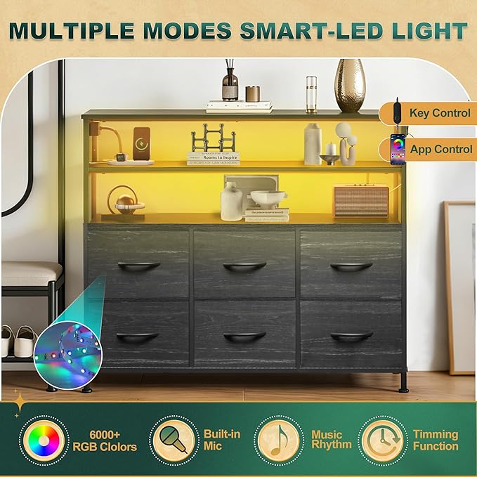 TV Stand for 40 45 inch TV Entertainment Center with LED Lights &amp Charging Station TV Media Console Table with 6 Drawers and Open Shelves for Living Room Charcoal Black Wood Grain Print