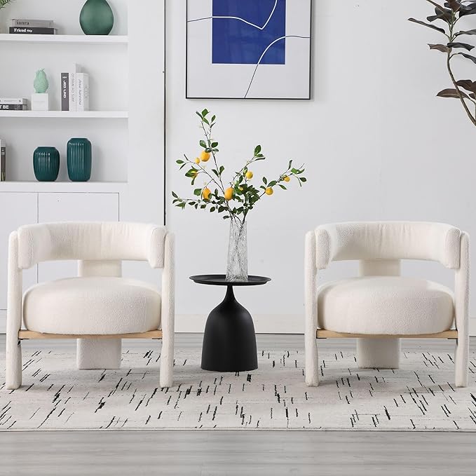 Wahson Modern Barrel Accent Chairs Set of 2 | Boucle Upholstered Armchair Single Sofa Chair Side Chair Reading Chair Living Room Chair | Three Legs White Sherpa