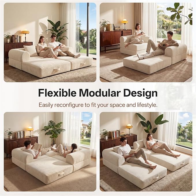 74.8’’ Boneless Modular Convertible Sofa Bed Fold-Out Floor Couch Loveseat All-Foam Futon Mattress Couch Corduroy Sleeper Sofa for Living Room &amp Small Spaces No Assembly Required Beige