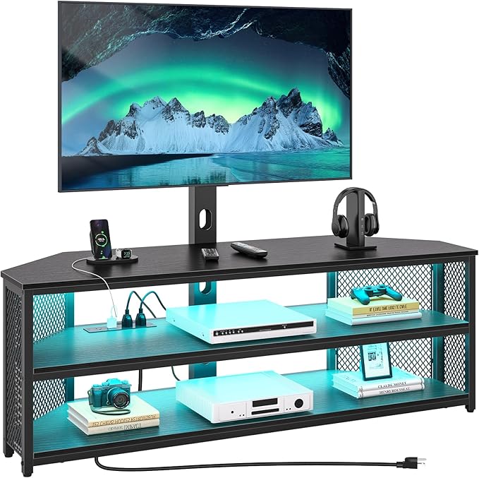 Rolanstar TV Stand with Mount and Power Outlet Swivel TV Stand with LED Lights for 32/45/55/60/65/70 inch TVs Black Entertainment Center Media Console with Height Adjustable Mount