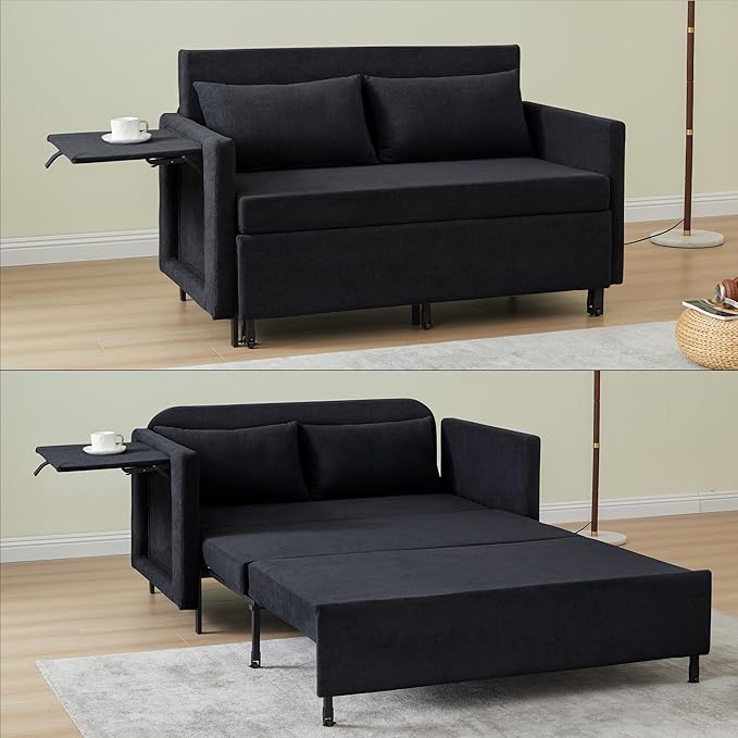 QHITTY Pull Out Couch Bed 2-in-1 Sleeper Sofa Small Loveseat Bed with Hidden Side Table and Iron Frame for Living Room Small Space Apartment (Black)