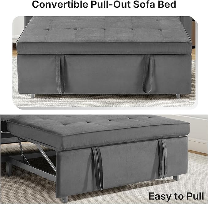 Rovibek 3-in-1 Velvet Sleeper Sofa Bed Convertible Pull Out Couch for Living Room with Adjustable Backrest Side Pockets Velvet Fabric Loveseat Sofa for Apartment Grey