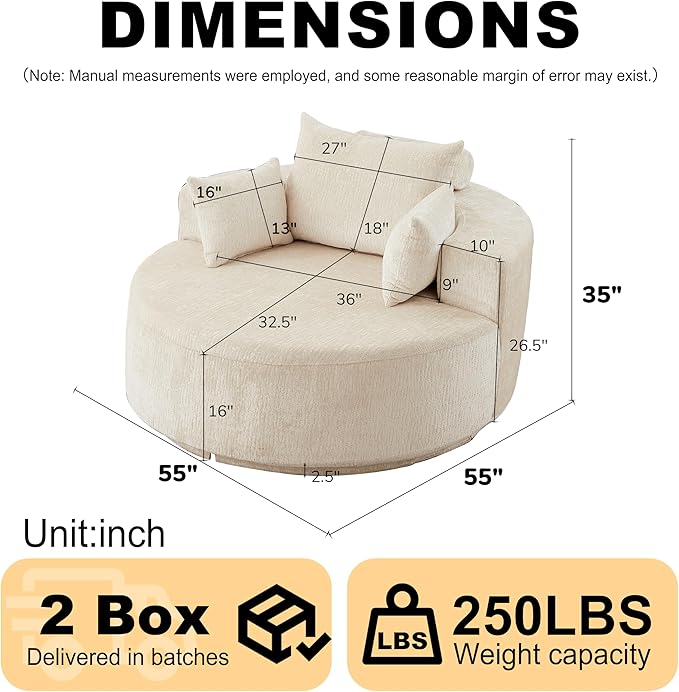 55 Oversized Round Chair Cozy Chenille Upholstered Circle Round Sofa Deep Seat Accent Chair for Living Room Bedroom &amp Reading No Assembly Required Beige