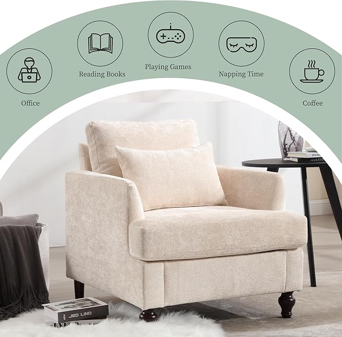 Modern Accent Chair Living Room Upholstered Chenille Armchair with Waist Pillow Single Sofa for Living Room Bedroom Office Beige