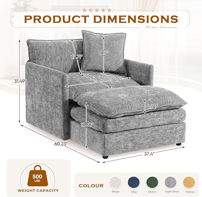 Oversized Chaise Lounge Chair Indoor Modern Comfy Chenille Cloud Accent Chair and A Half with Ottoman Single Deep Seat Sofa Couch Reading Armchair for Living Room Bedroom Apartment Light Gray