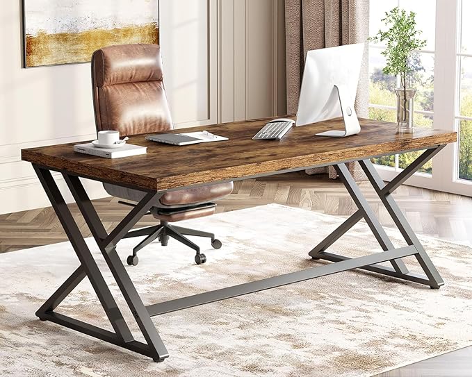 LVB Rustic Computer Desk Metal Wood Home Office Desk Industrial Simple Study Executive Desk for Writing Work Wooden Student Gaming Computer PC Table with Storage for Bedroom 55 Inch Rustic Brown