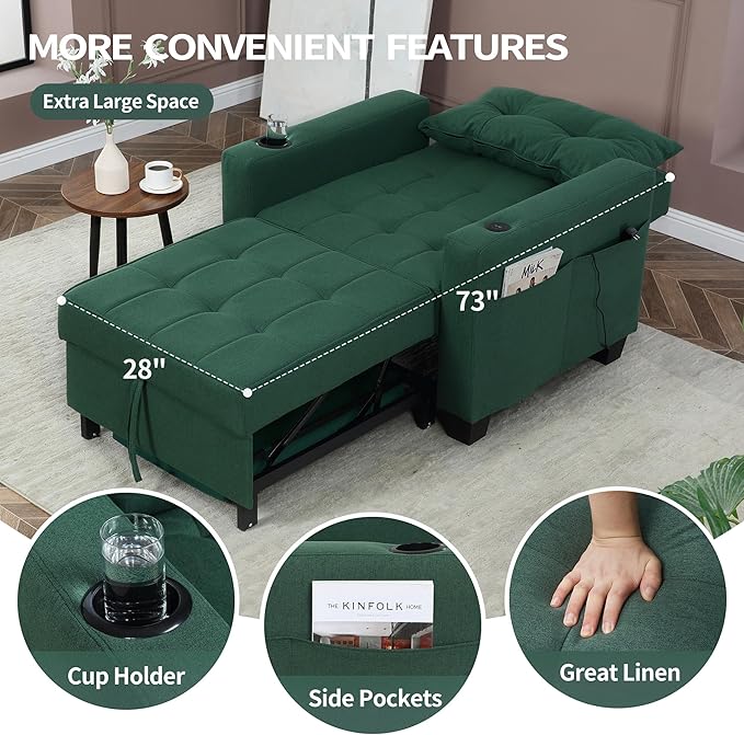 DURASPACE Futon Sofa Bed 3 in 1 Convertible Sofa Chair Bed Adjustable Backrest Chair Chaise Lounge with USB Ports Cup Holder Side Pocket Storage Box (Green)