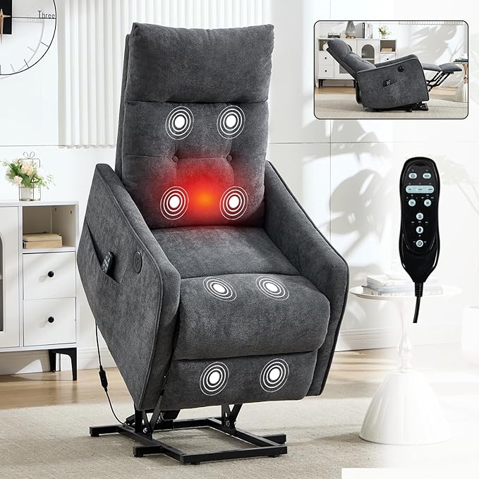 Small Power Lift Chair Recliner for Elderly Petite Power Recliner Chair with Massage and Heat | USB | High Back | Push Button | Side Pockets Liviing Room Easy Assembly (Chenille Dark Grey)