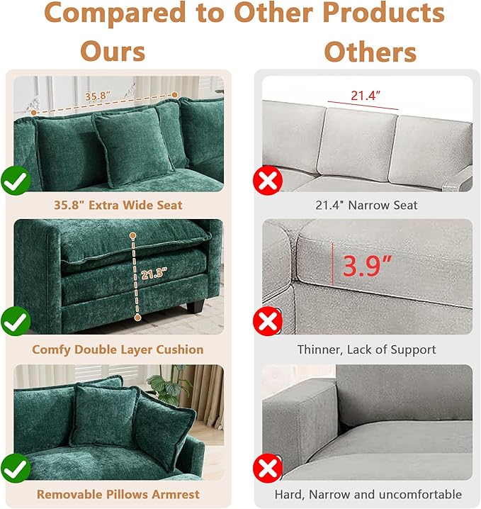 Setawix Modern Modular Sectional Sofa 78 Upholstered Chenille Loveseat Comfy 2-Seater Sofa Oversized Deep Seat Fluffy Cloud Couch with 2 Throw and Arm Pillows for Living Room Bedroom Office Green