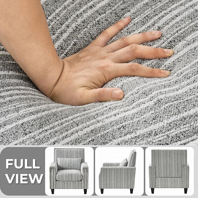 Stripes Accent Chair Modern Upholstered Boucle Fabric Armchair Single Sofa with Wood Legs for Living Room Patio Grey Stripes.