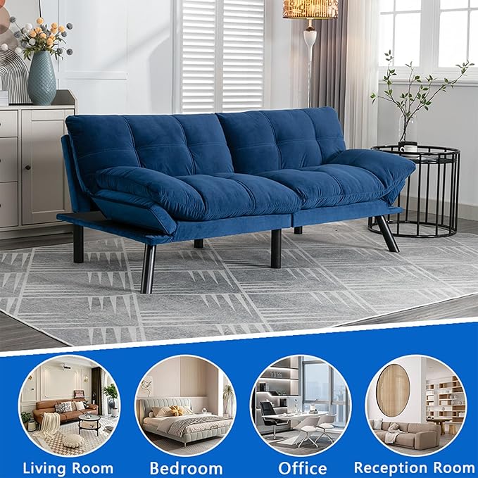 Anwick Modern Futon Couch Bed Sofa: Velvet Fabric Quick Folding Armrest Space-Saving Convertible 2 Seater Loveseat for Living Room Bedroom Small Rooms Apartment (Blue)