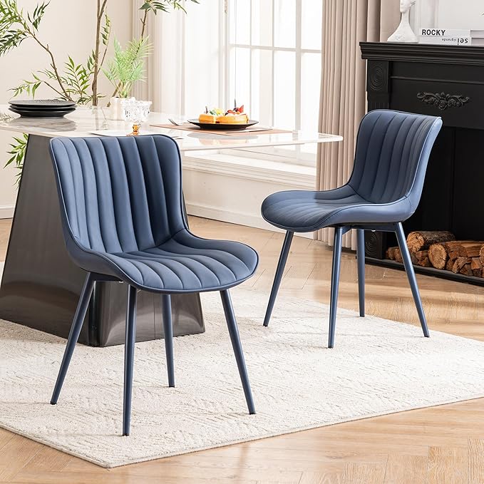 YOUNUOKE Mid-Century Modern Dining Chairs Set of 2 Navy Blue PU Leather Upholstered Kitchen Chairs with Navy Blue Metal Legs Armless Accent Chair for Dining Room Guest Reception Room