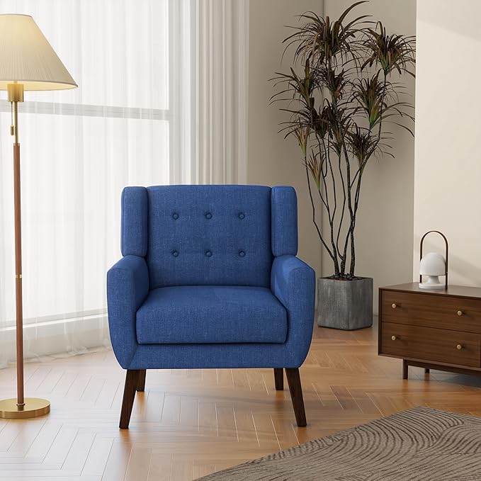 Accent Chair Mid-Century Modern Fabric Chairs with Arms for Living Room Comfy Upholstered Club Single Sofa Armchair for Bedroom Waiting Room with Solid Wood Frame (Fabric Navy Blue Set of 1)