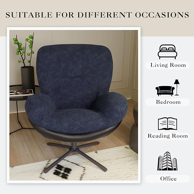 Modern Accent Chair360°Swivel Office ChairComfort Chenille Chairs with Faux Leather and Black Metal Base Frame for Small SpacesLiving RoomReading CornerOfficeNavy Blue