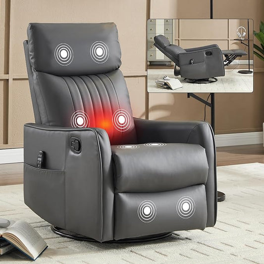 High Back Massage Recliner with Heat - Swivel Rocking Chair for Small Spaces Manual Lazy Boy Recliner for Adults Perfect for Living Room &amp Bedroom Soft Fabric (Grayish Green)