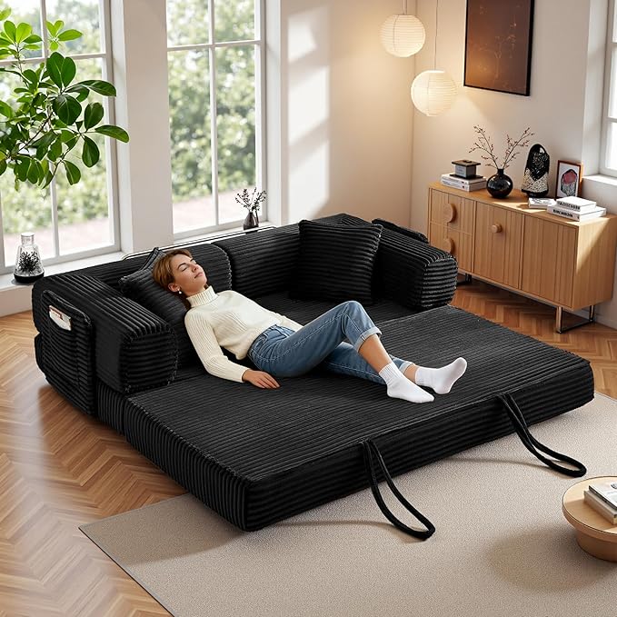 Boneless Couch Futon Sofa Bed Sectional Couches for Living RoomCloud Couch with Sleeper SofaSofas for Living Room Oversized Corduroy Upholstered (Black 81 Inches (with Iron Frame))