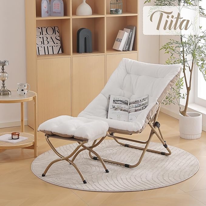 Tiita Folded Chair with Ottoman Soft Faux Fur Oversized Folding Accent ChairLazy Chair Metal Frame Moon Chair for Bedroom Living Room Dorm Rooms Garden and Courtyard