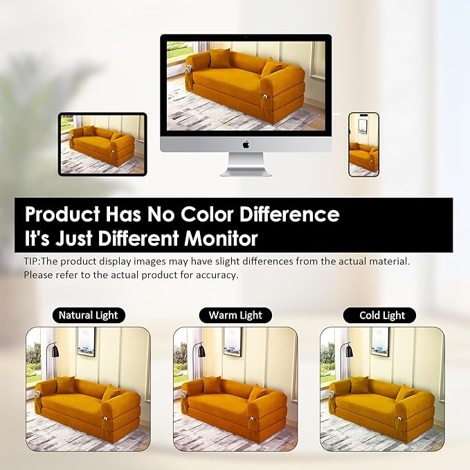80 Convertible Sofa Bed Corduroy Deep Seat Folding Pull Out Couch with Pillows No Assembly Modern Boneless Couch Compression Sofa in Box Floor Sofa with Storage Pocket for Living RoomYellow