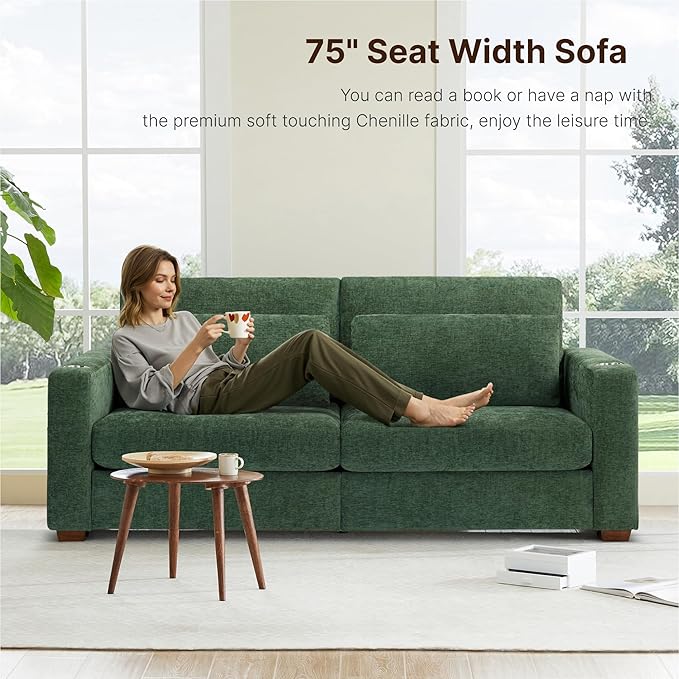 89 Sofa Couch for Living Room Chenille Upholstered Couch with Deep Seats and Wide Armrests 3 Seater Comfy Sofa with Cup Holders USB &amp Type-C Ports Spring Cushion Solid Wood Frame Green
