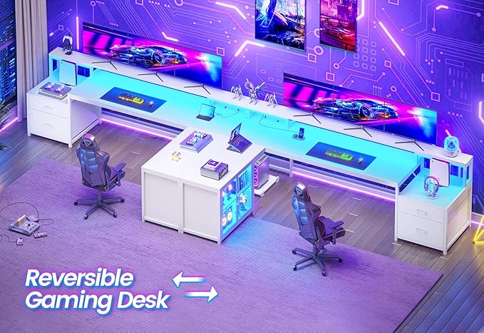 SEDETA 78.7” Large Gaming Computer Desk with Storage Drawers Reversible L Shaped Office Desk with Display Cabinet and Power Outlet Corner Gaming Desk with LED Lights for Home Office White