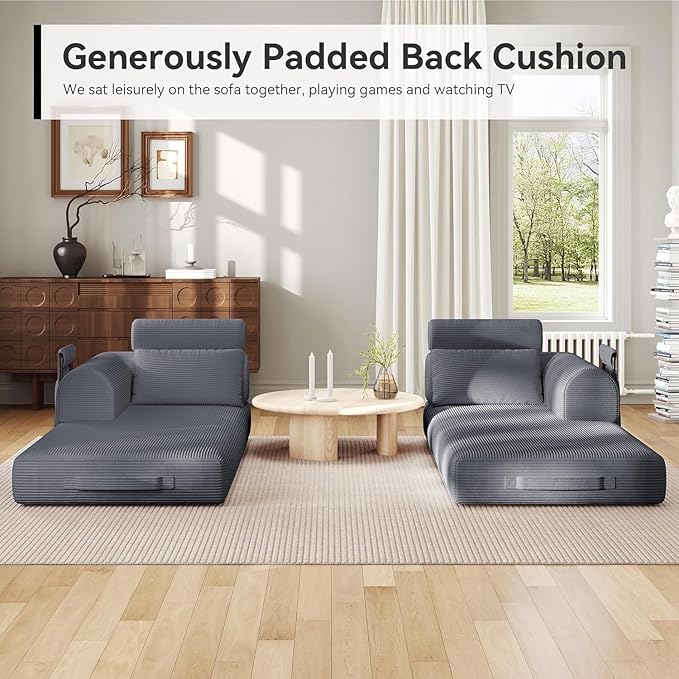 79'' Upgrade High Backrest Sofa Bed with Fixed Frame Removable Armrests &amp Backrest Corduroy Fabric Convertible Couch for Small Spaces No Assembly Needed (High Backrest Dark Gray)