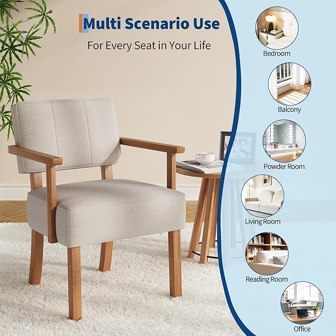 Garvee Mid-Century Accent Chair with Wood Frame. Linen Fabric Upholstered Lounge Armchair with Classic Vertical Stripe. Reading Leisure Chair for Living Room Bedroom Balcony Beige