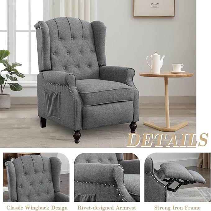 Pushback Recliner Chair Linen Elizabeth Tufted Armchair Accent Chair with Massage &ampHeat Mid Century Modern Wingback Single Sofa Chairs for Living Room Small Space Home Theater (Light Grey)