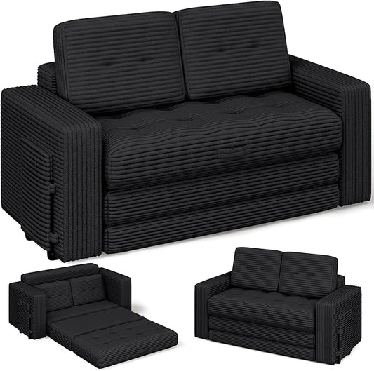 Convertible Boneless Sofa Bed 2 in 1 Pull Out Loveseat Sleeper Sofabed Folding Couch Bed with Pillows for Living Room Bedroom Small Space Black