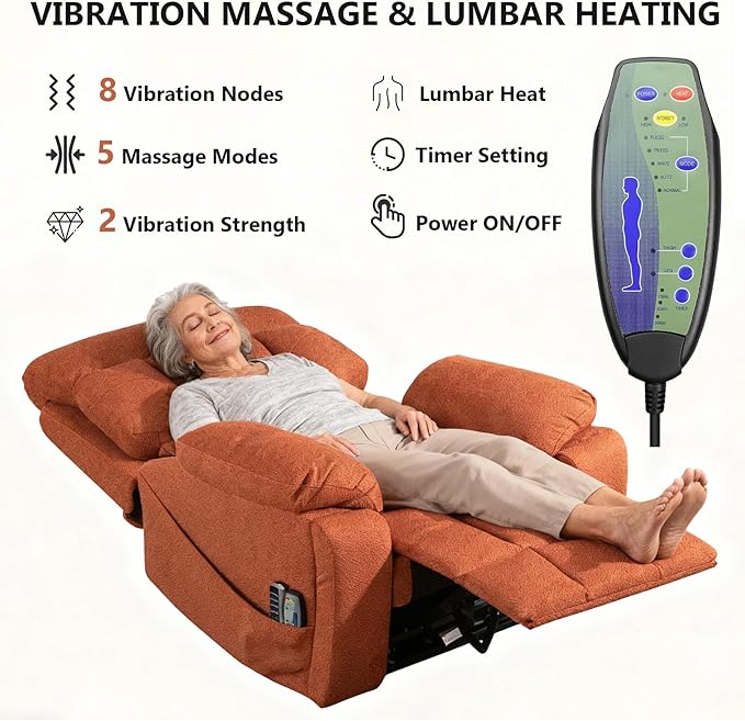 4 Motor Power Lift Recliner Chair for Elderly 400LBS Big Man Oversized Lay Flat Recliner with Massage Heat Zero Gravity Electric Lift Chair Adjustable Headrest Cup Holders Orange